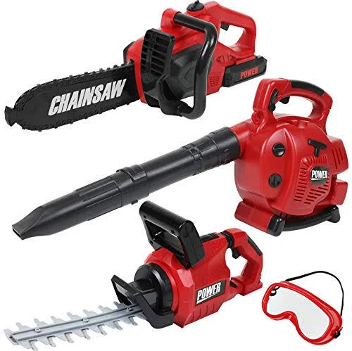 Teganplay Power Garden Tools Set for Kids Battery Operated Toy Leaf Blower - Hedge Trimmer and Chainsaw Pretend Play for Boys Gir