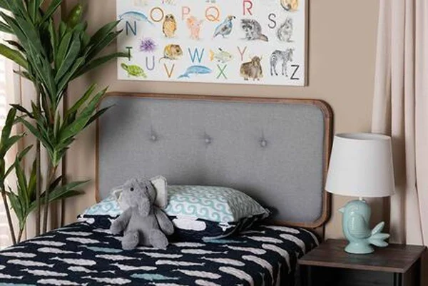 Baxton Studio Palina Mid-Century Modern Light Grey Fabric Upholstered and Walnut Brown Finished Wood Twin Size Headboard