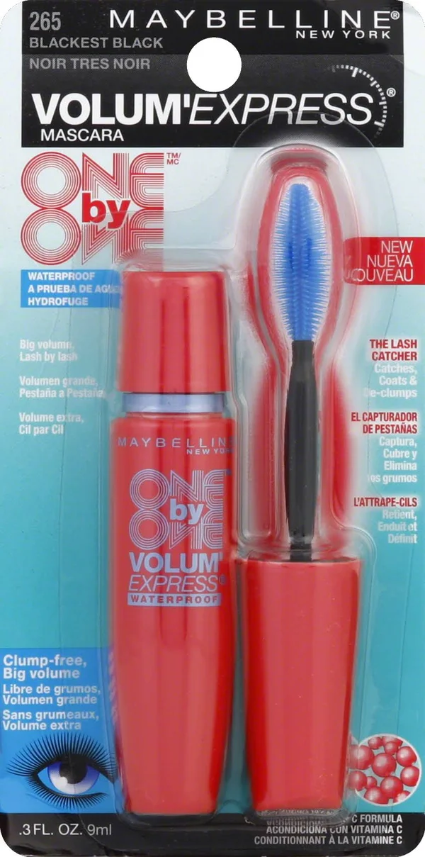 Maybelline New York One By One Volum& Express Mascara, Waterproof, Blackest Black 265 - 0.3 oz tube