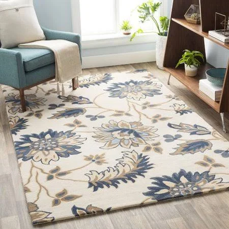 Charlton Home Defelice Floral Hand-Tufted Wool Beige/Blue Area Rug, Size: Rectangle 5' x 8'