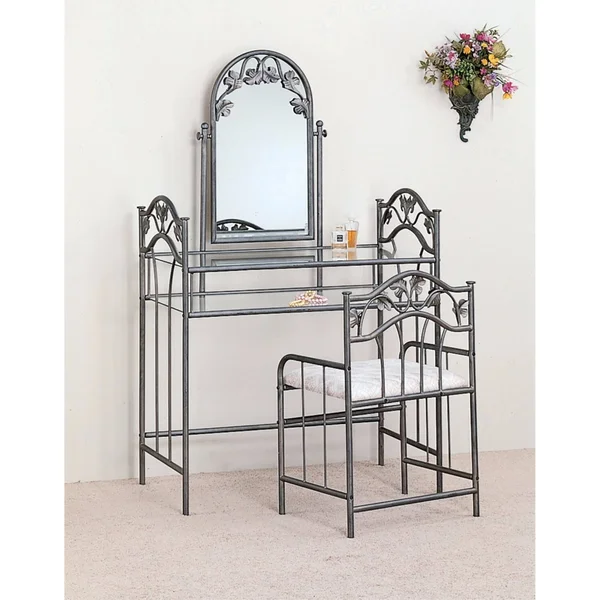 Benzara Opulent Metal Vanity Set with Fabric Upholstered Stool - Gray