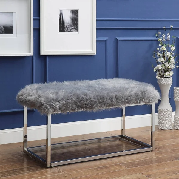 Inspired Home Degas Faux Fur Ottoman Bench with Metal Frame - White/Chrome