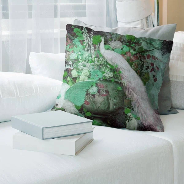 Porch & den Jessie Arms Botke &White Peacock& Throw Pillow - 16 x 16 - Green - Cotton