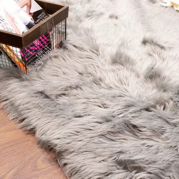 Super Area Rugs Soft Faux Sheepskin Fur Fluffy Area Rug, Gray, 8& x 10&