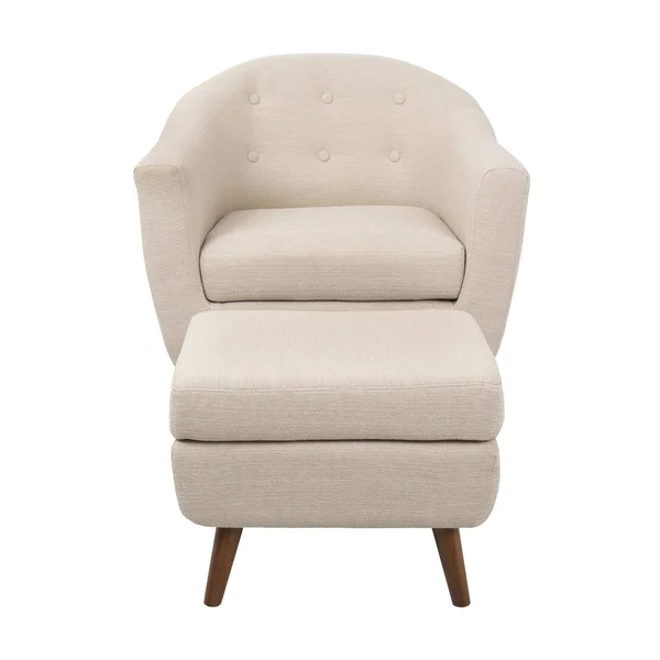 31x22 Beige Woven Fabric and Brown Rockwell Mid-Century Modern Accent Chair with Ottoman