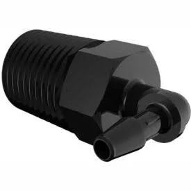 Eldon James 1/4-18 NPT to 3/16x22 Barbed Elbow, Glass Filled Black Nylon