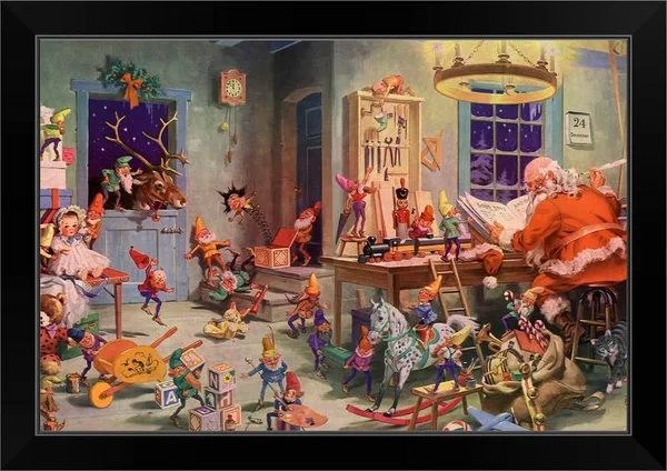 Santa and Elves - Workshop, Black Framed Wall Art, 24x16, Great Big Canvas