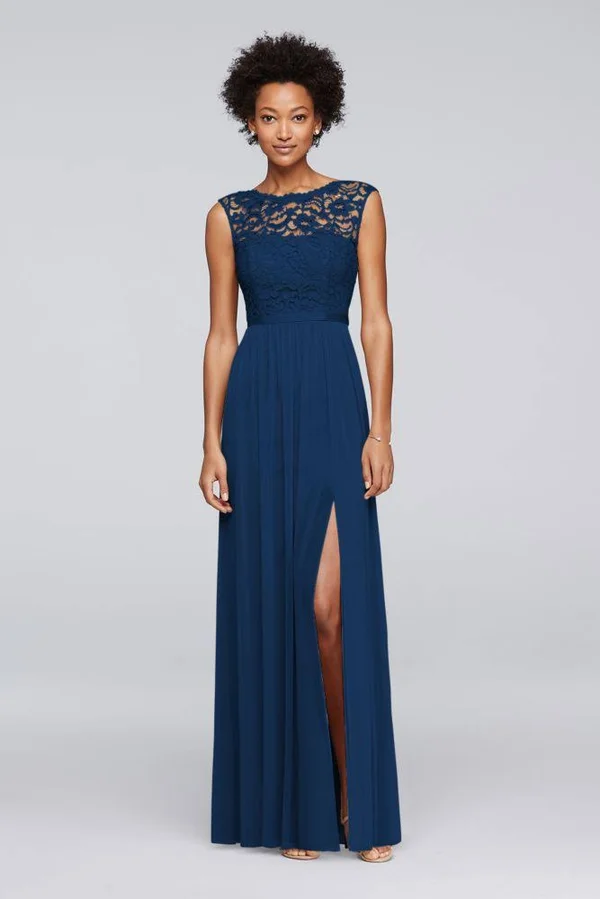 David&s Bridal Long Bridesmaid Dress with Lace Bodice - Marine (Blue) - 30