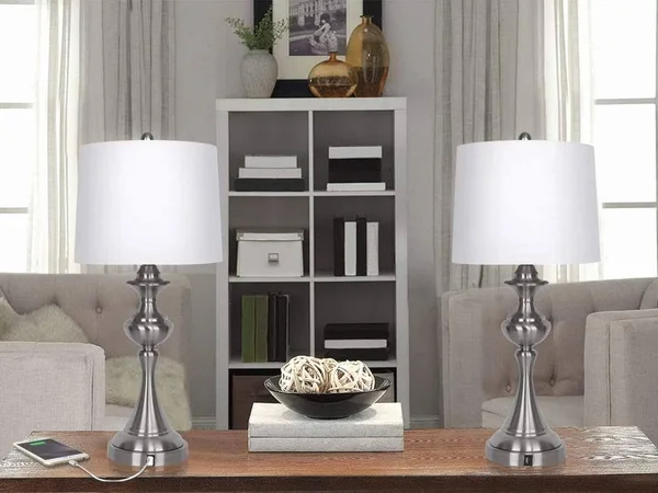 Grandview Gallery Brushed Nickel Table Lamp - Set of 2, 3-Way Switch Lamp with White Linen Shade, USB Charger in Lamp Base
