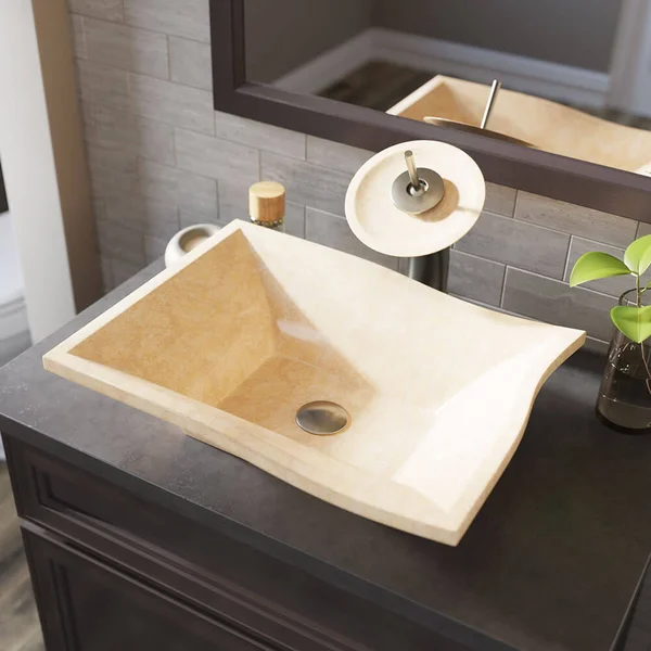 Mr Direct 859 Egyptian Yellow Marble Vessel Sink Ensemble with Brushed Nickel Finish Waterfall Faucet - Pop-Up Drain, and Sink Ri