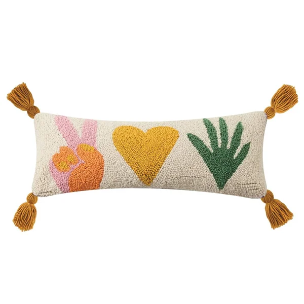 Peking Handicraft 30JBL38C20OB Peace Love Plants with Tassles Hook Pillow, 100% Wool and Cotton