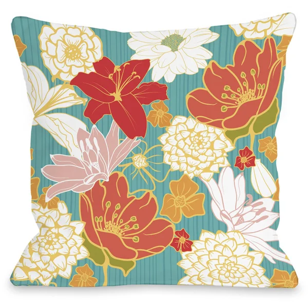 Oriental Flowers Indoor Throw Pillow by OneBellaCasa - Blue, 20 inchx20 inch