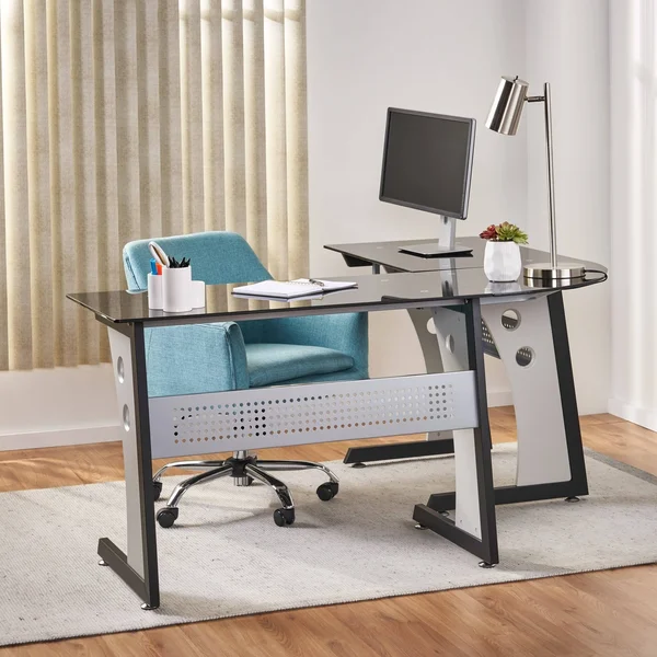 Oria L-Shaped Desk with Tempered Glass - Black/Grey - Christopher Knight Home