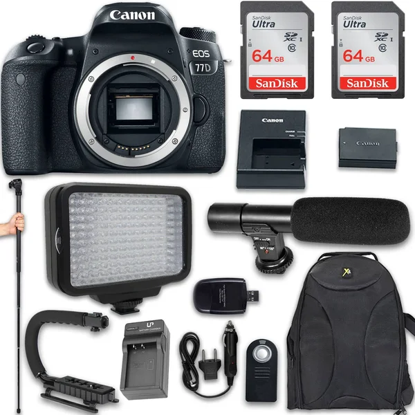 Canon Eos 77D DSLR Camera (Body Only) + 120 LED Video Light + Large Monopod + 128GB Memory + Shotgun Microphone + Camera & F