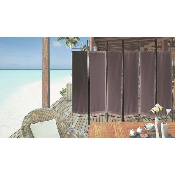 Legacy Decor 8 Panel Metal and Woven Fabric Room Divider with Two Way Hinges Brown Color