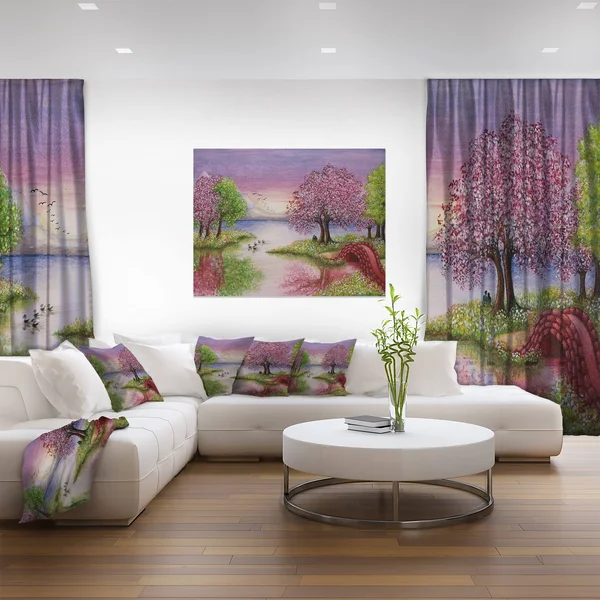 Design Art Romantic Lake in Pink and Green - Extra Large Wall Art Landscape - 32 in. Wide x 16 in. High