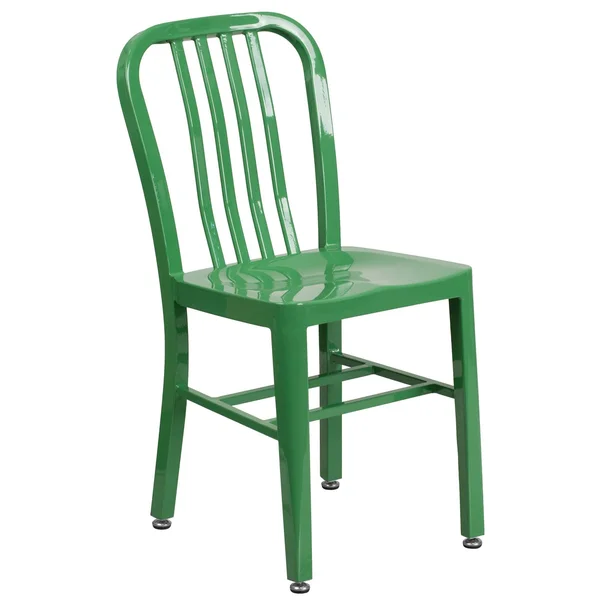 Round Green Metal Indoor-Outdoor Table Set with 4 Vertical Slat Back Chairs