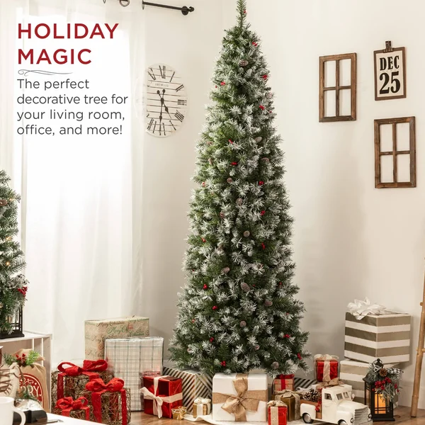 Best Choice Products 6ft Pre-Decorated Partially Flocked Holiday Christmas Pencil Tree w/ 618 Tips - Base