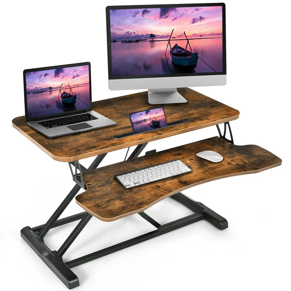 Costway Converter Adjustable Riser Stand Desk with Keyboard Tray-Brown