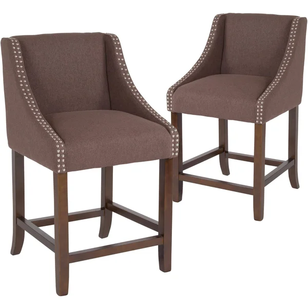 Carmel Series 24x22 High Transitional Walnut Counter Height Stool with Nail Trim in White LeatherSoft, Set of 2
