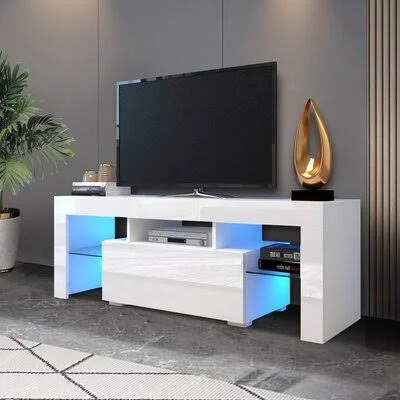 Entertainment TV Stand - Large TV Stand TV Base Stand with LED Color Changing Lamp TV Cabinet Ivy Bronx Color: White