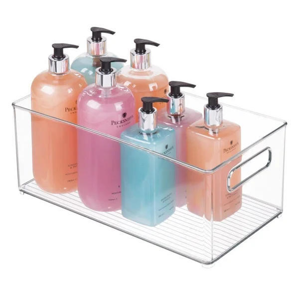 mDesign Plastic Bathroom Storage Bin Tote with Handles, 4 Pack - Clear