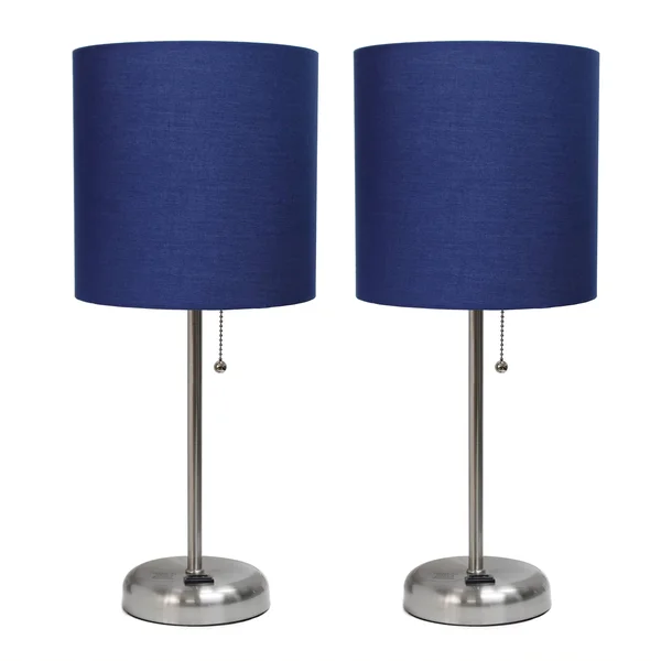 Limelights Brushed Steel Stick Lamp with Charging Outlet and Fabric Shade 2 Pack Set, Navy