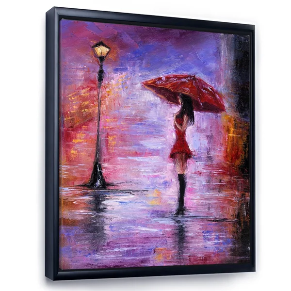 Designart &The Woman with The Umbrella Walking in The Rain I& French Country Framed Canvas Wall Art Print - 30 in. Wide x 40 in.