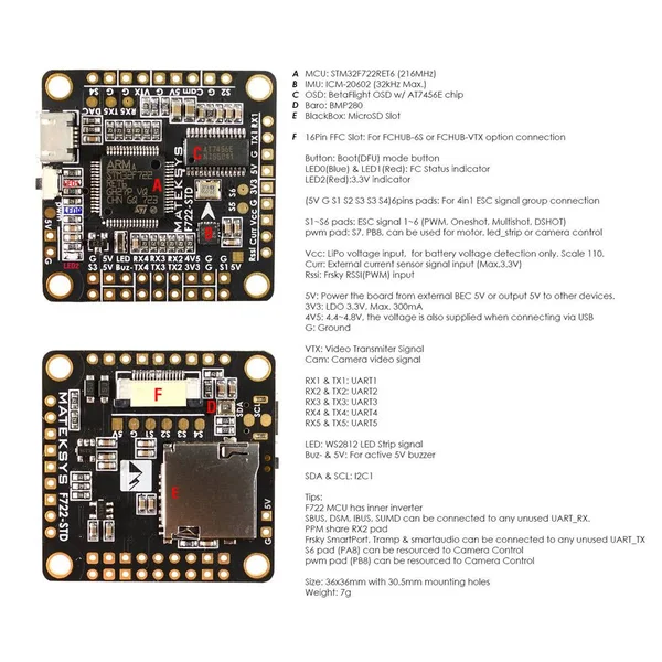 Matek Systems F722-STD Flight Controller w/ F7 - 32K Gyro, BFOSD, Barometer