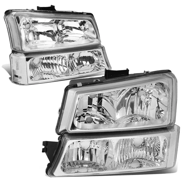 DNA Motoring for 03-06 Chevy Silverado/Avalanche 4pcs Headlight+Bumper Lamp Chrome Housing Clear Corner 1 Gen 04 05 Left+Right