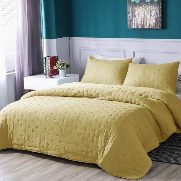 Kasentex Nostalgic Dot Stitch Stone Washed Designer Quilt Set with Pillow Shams Queen, Yellow