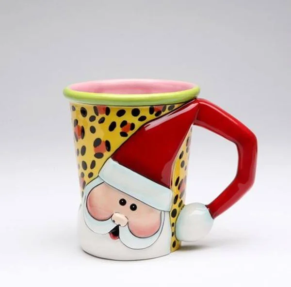 Set of Four 4.25 inch Red, White, Green and Leopard Print Santa Mugs