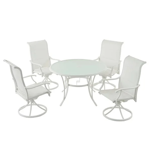 Hampton Bay Riverbrook Shell White 5-Piece Outdoor Patio Aluminum Round Glass Top Dining Set with Padded Sling Swivel Chairs