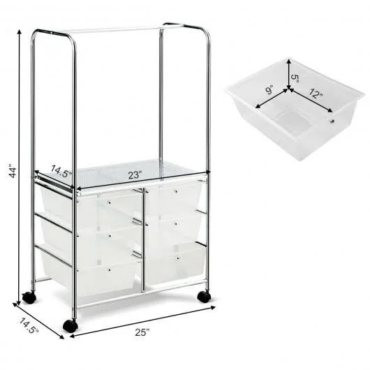 6 Drawer Rolling Storage Cart with Hanging Bar -Black