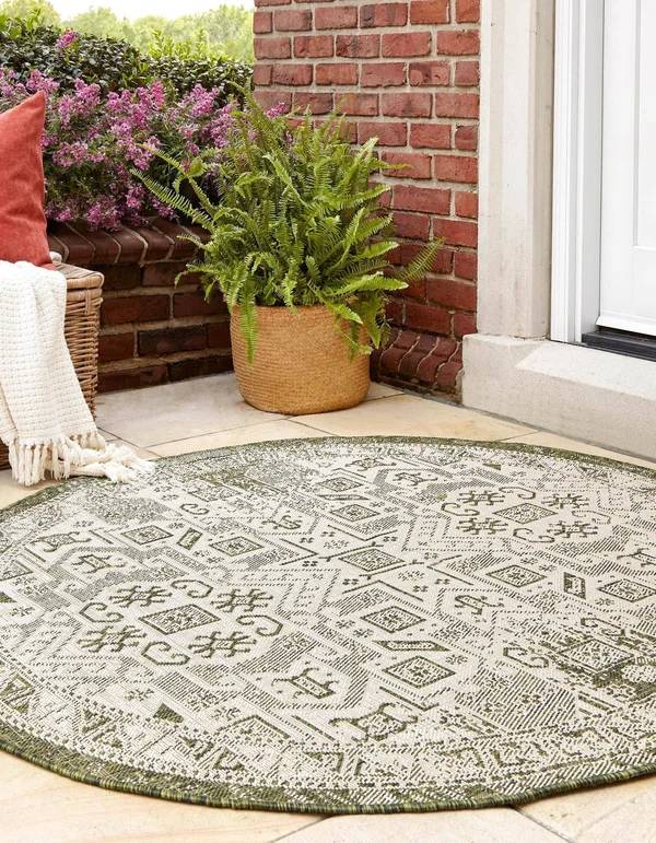 Outdoor Aztec Green 10 ft Round Round Area Rug Indoor Outdoor Rug