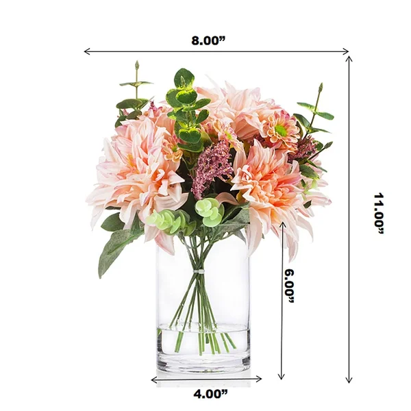 Enova Home Mixed Artificial Dahlia Flower and Eucalyptus Grass Arrangement in Clear Glass Vase with Faux Water (Blue)