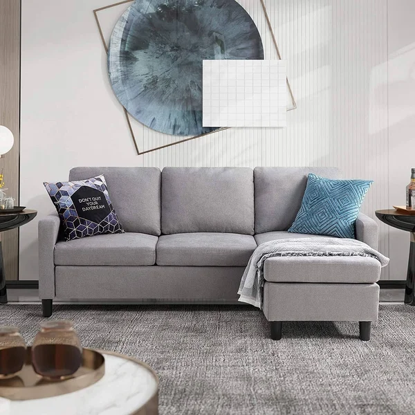 Futzca Convertible Sectional Sofa Couch with Reversible Chaise - Modern Linen Fabric L-Shaped Couch for Small Space - Ash