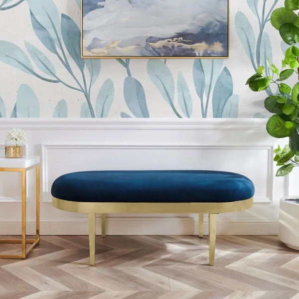 Issac Oval Bench Navy Blue Velvet Upholstered Polished Legs