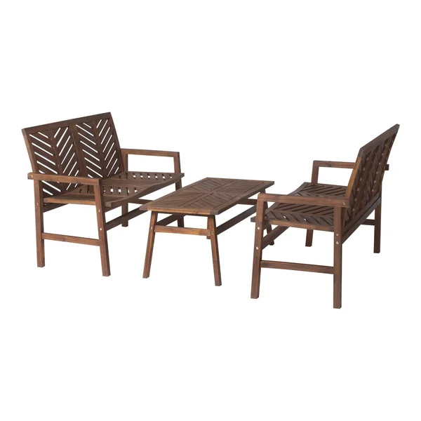 Walker Edison 3-Piece Chevron Outdoor Patio Loveseat Chat Set - Dark Brown