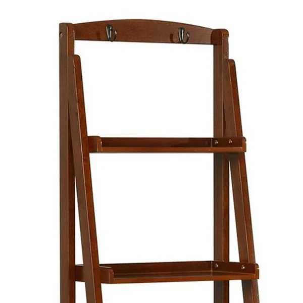 Benjara 72 Inches 5 Tier Wooden Ladder Bookcase with 2 Hooks, Brown