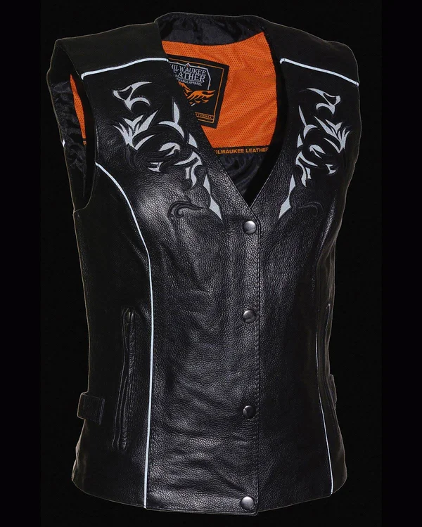Milwaukee Leather Womens Leather Vest Reflective Tribal Design - Piping, Black
