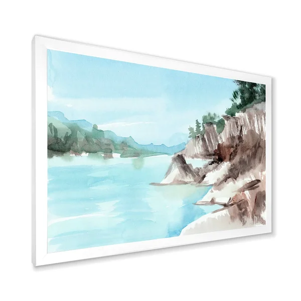Designart 'Rocks by The Blue Lake' Lake House Framed Art Print - 40 in. Wide x 30 in. High - Black