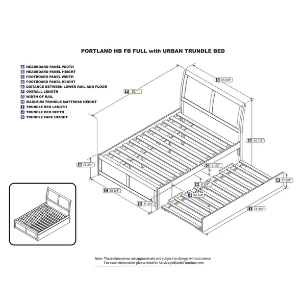Atlantic Furniture Portland White Full Platform Bed with Matching Foot Board and Twin Urban Trundle