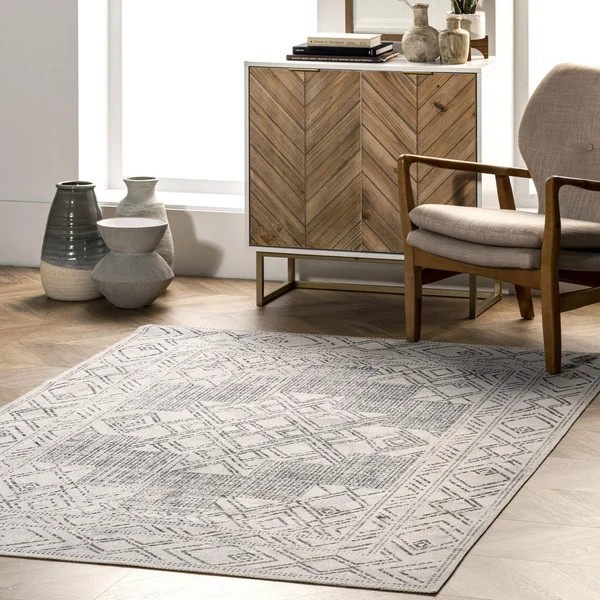 nuLOOM Mia Light Grey 8 ft. x 10 ft. Machine Washable Geometric Medallion Indoor Area Rug