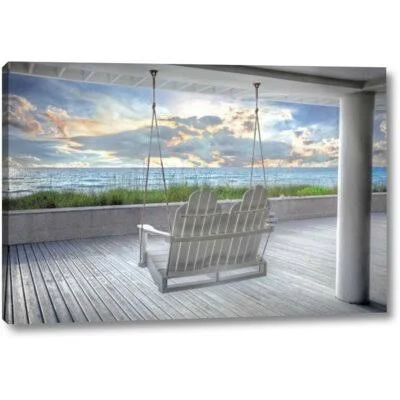 Highland Dunes &Swing at The Beach& Graphic Art Print on Wrapped Canvas, Size: 16 inch H x 24 inch W x 1.5 inch D, Gray