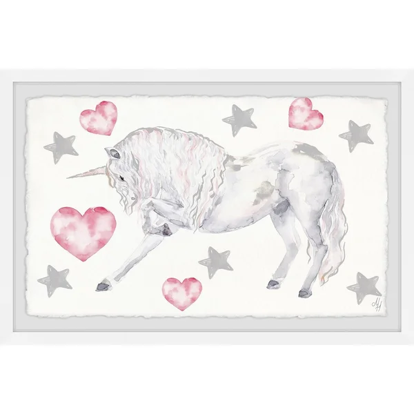 Marmont Hill Curly Unicorn Framed Wall Art, Size: 16 x 24, White