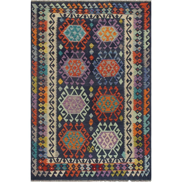 Geometric Kilim Aimee Blue Beige Hand Woven Area Rugs