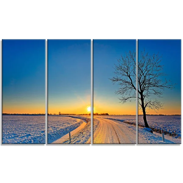 Design Art Distant Sunset in Winter - Landscape Photography Canvas Print - Yellow, 60 in. Wide x 32 in. High - 5 Panels Diamond