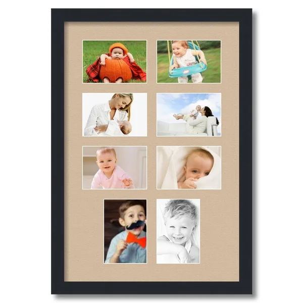 Collage Picture Frame, Satin Black Frame with 8 openings for 4x6 Photos with Pink Scotch Mist Mat. D3926DG764, ArtToFrames