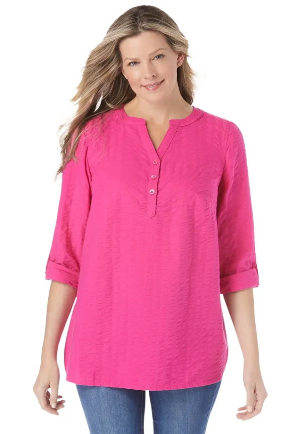 Plus Size Women's Seersucker Notch Henley Tunic by Woman Within in Raspberry Sorbet (Size 14/16)